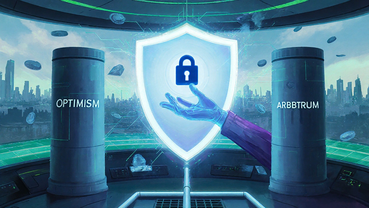Futuristisches Kommandozentrum mit Schutzschild für private DeFi‑Transaktionen.