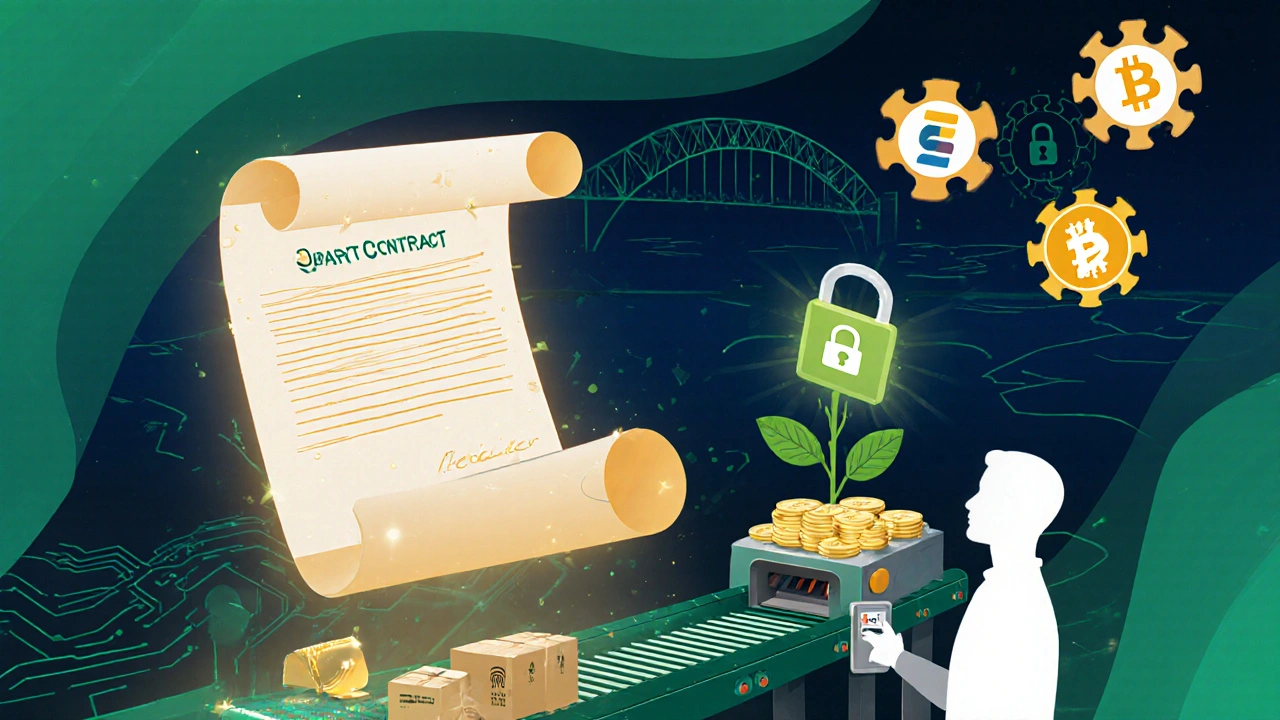 Smart‑Contract, Lieferketten‑Boxen, digitale Identität und DeFi‑Symbole zeigen Blockchain‑Anwendungen.