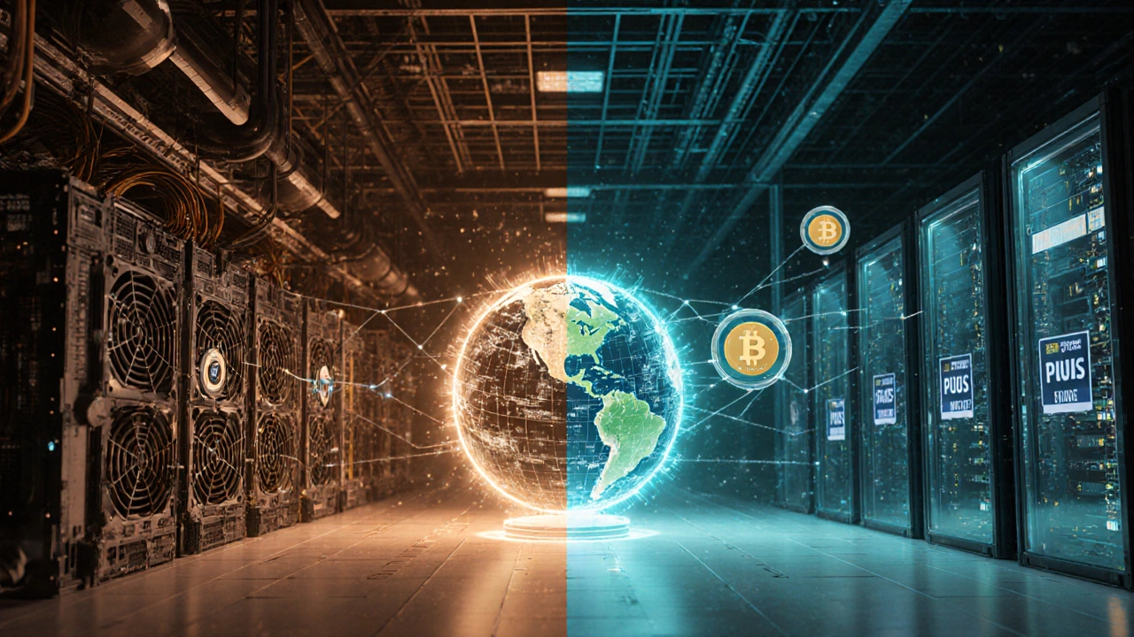 Teilbild: Mining‑Farm mit ASIC‑Rigs links, Proof‑of‑Stake‑Server rechts, verbunden durch ein zentrales Ledger‑Globus.