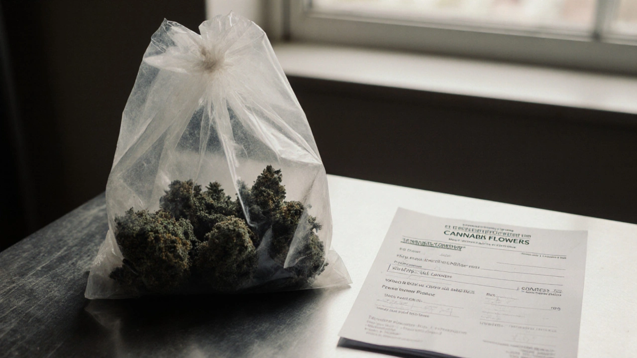 Verbrannte Cannabispflanzen in einer Beweistüte neben einer ärztlichen Verschreibung.