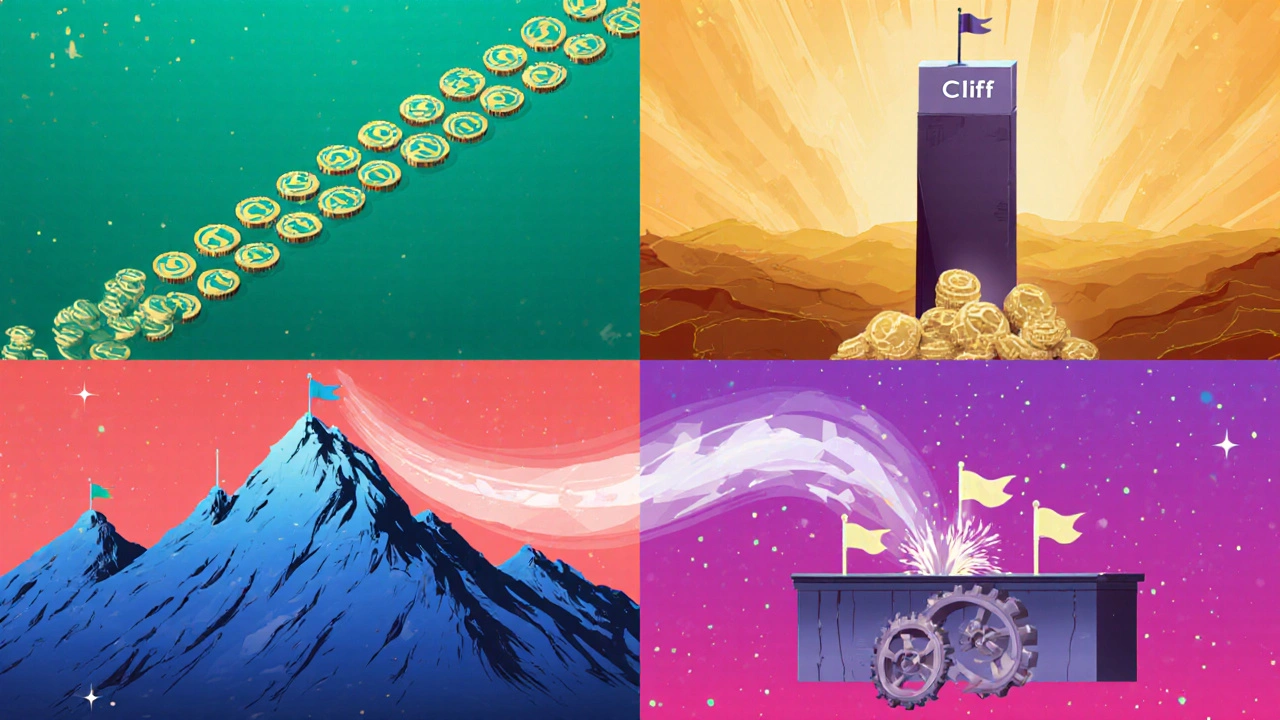 Vier Szenen visualisieren lineares Vesting, Cliff+Linear, Meilenstein‑basiert und Hybrid‑Modell.