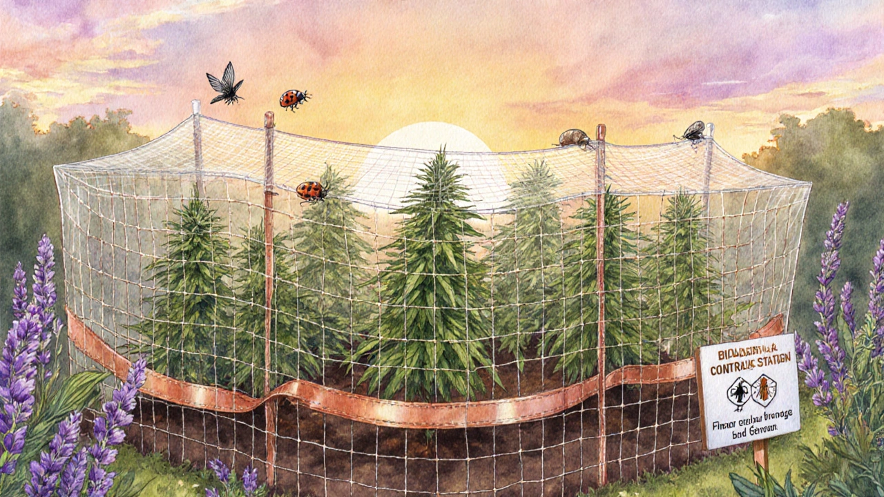 Cannabispflanzen geschützt durch Zaun, Duftpflanzen, Kupferbänder und Netze bei Sonnenaufgang.