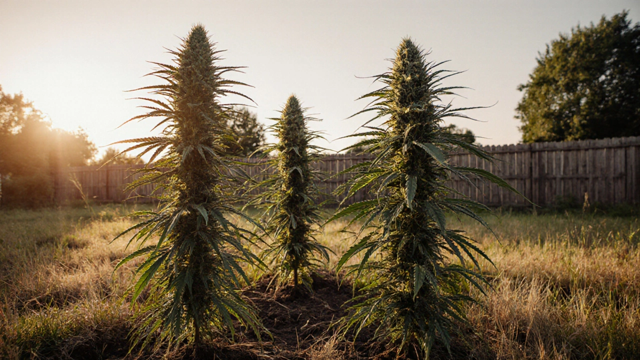 Drei Cannabispflanzen im sonnigen deutschen Garten mit schweren Blütenständen