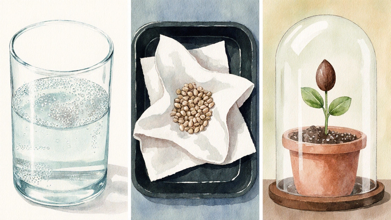 Drei nebeneinander dargestellte Keimmethoden: Wasser, Papiertuch und Erde.