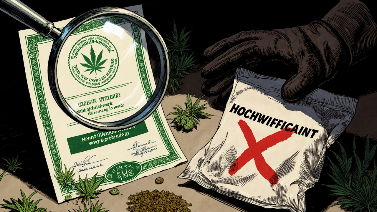 Ein Vergrößerungsglas vergleicht zwei Hanfsamen-Pakete: eines mit EU-Zertifikat, eines mit rotem Warnsymbol.