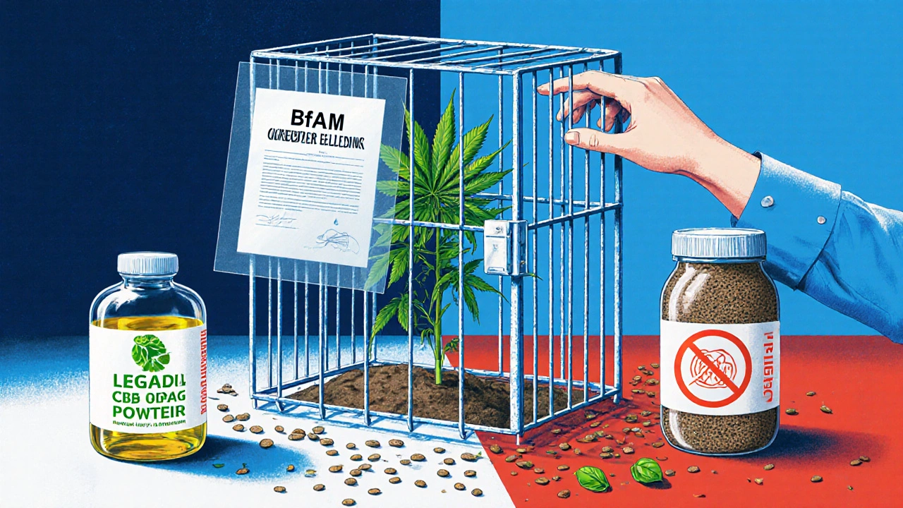 Eine gesperrte Käfig mit Hanfpflanze, daneben legale Alternativen wie CBD-Öl und Basilikumsamen.