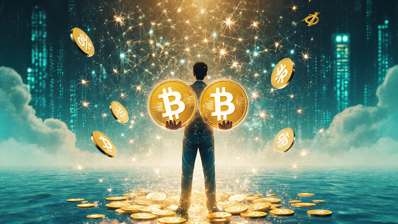 Eine Person erhält Handelsgebühren als goldene Lichtpunkte, während sie einen Krypto-Liquiditätspool bewacht.