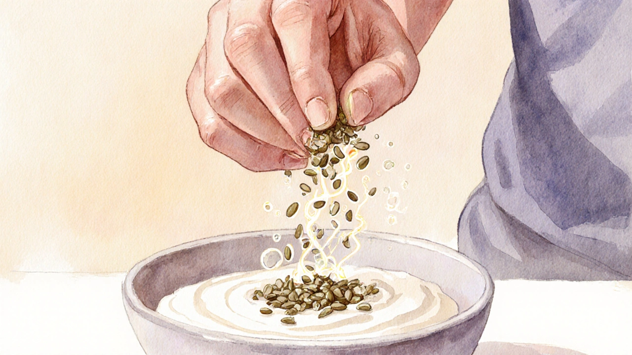 Eine sportliche Person streut Hanfsamen über Joghurt, umgeben von schwebenden Protein‑ und Omega‑3‑Symbolen.