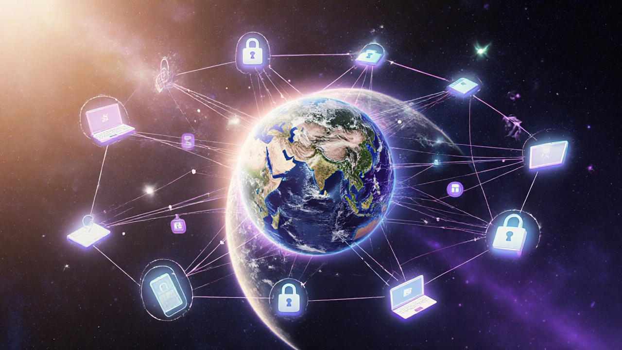 Erde mit Lichtverbindungen zu vielen Geräten, die Light‑Node‑Sicherheit symbolisieren.