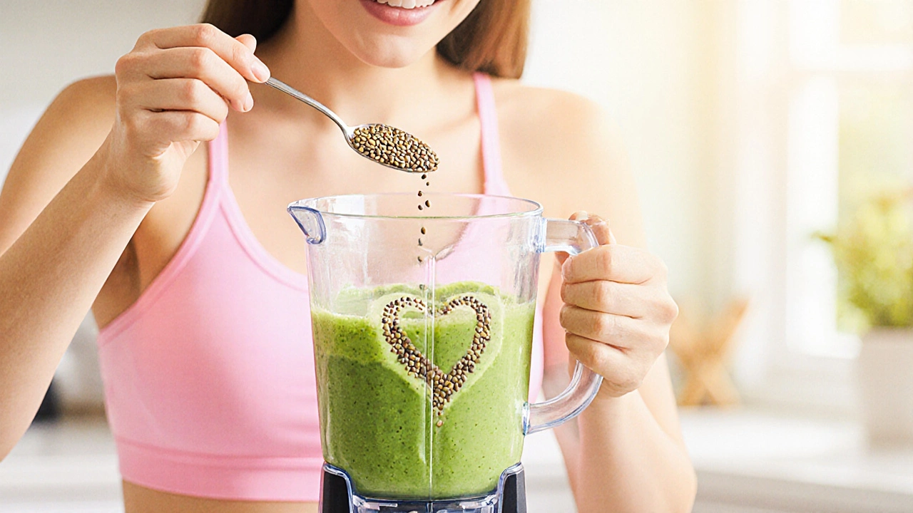 Frau bereitet Smoothie zu, gibt Hemp‑Samen dazu, Herzsymbol im Hintergrund.