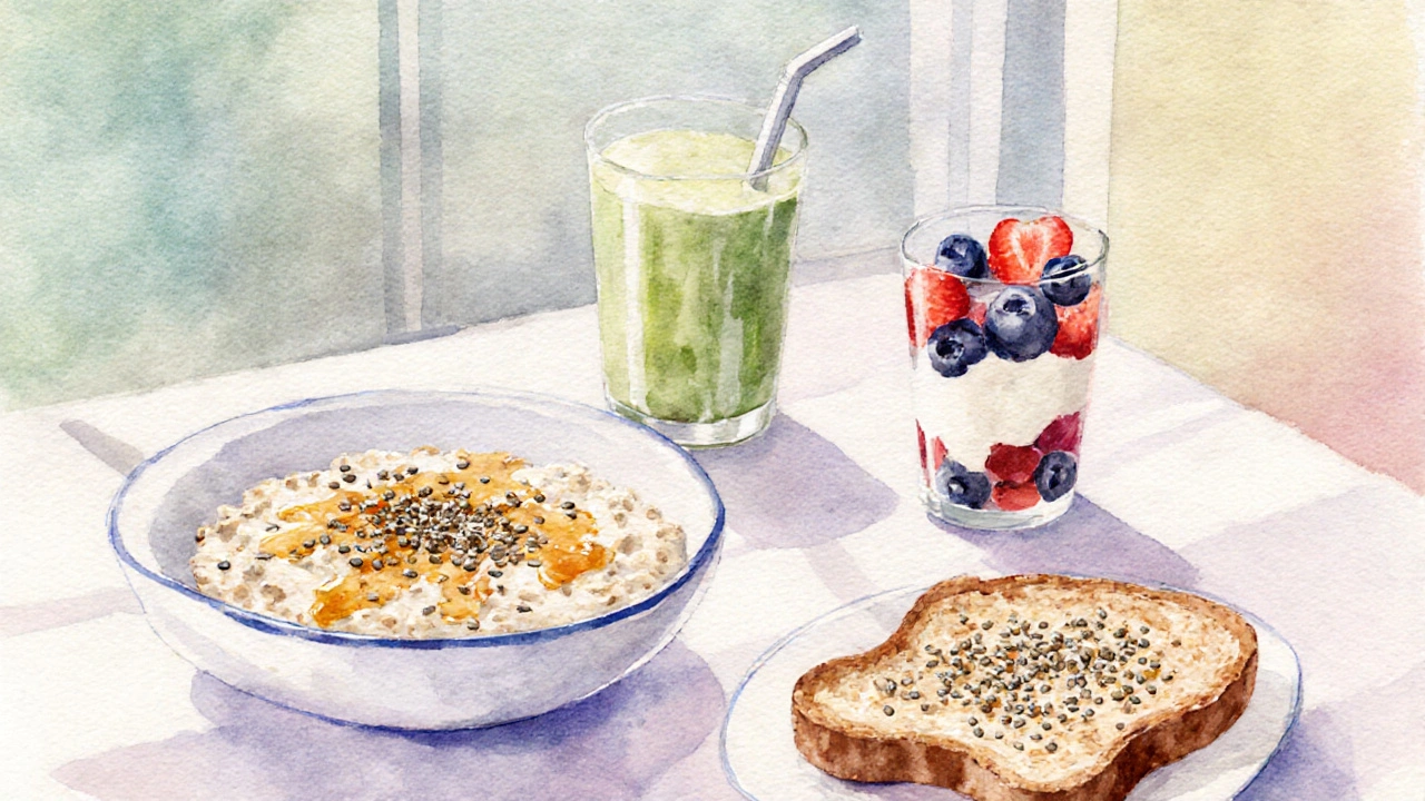 Frühstückstisch mit Haferbrei, Joghurt, Smoothie und gestreuten Hanfsamen.