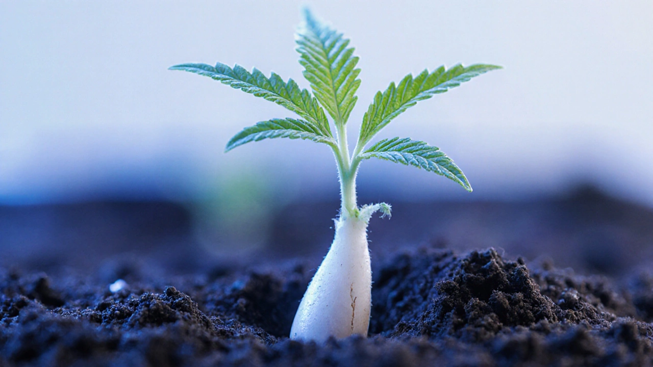 Gesunder Keimling mit weißer Wurzel und hellgrünem Spross im Boden.