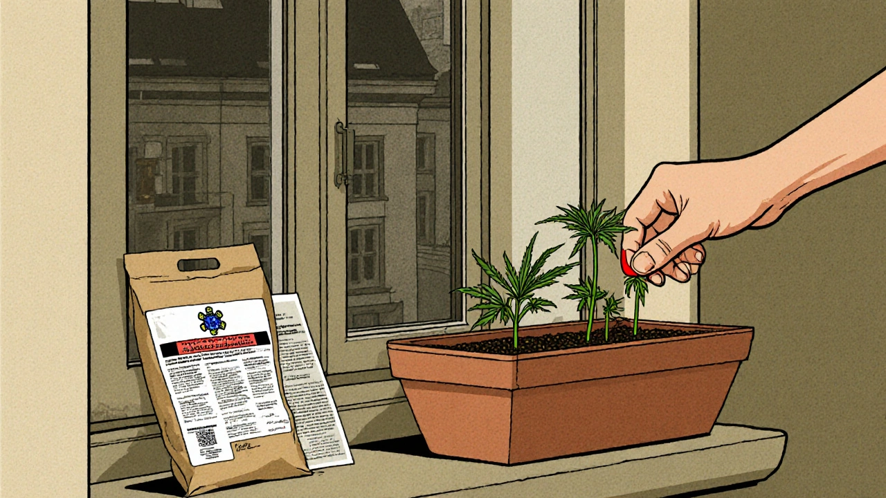 Hand entfernt Hanfsämlinge aus einem Balkonkasten, daneben Supermarkt-Samen und eine Warnung.