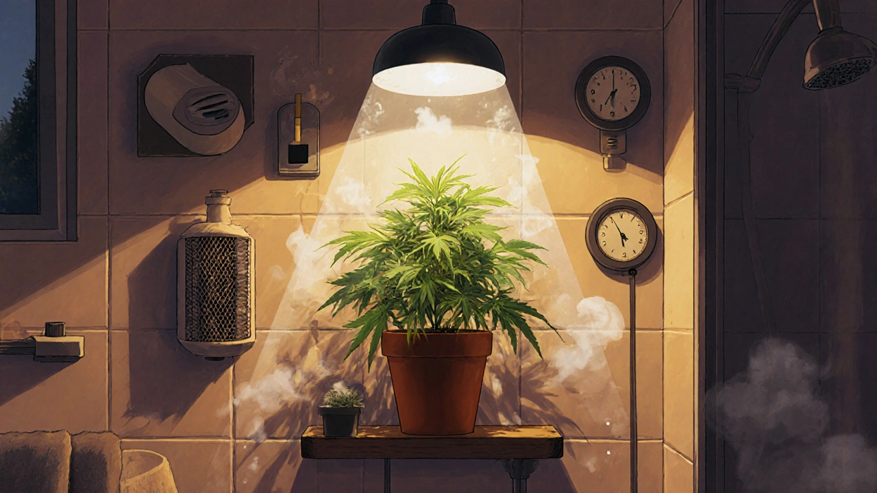 Hanfpflanze auf einem Badezimmerschrank unter einer LED-Lampe mit Lüfter und Thermometer.