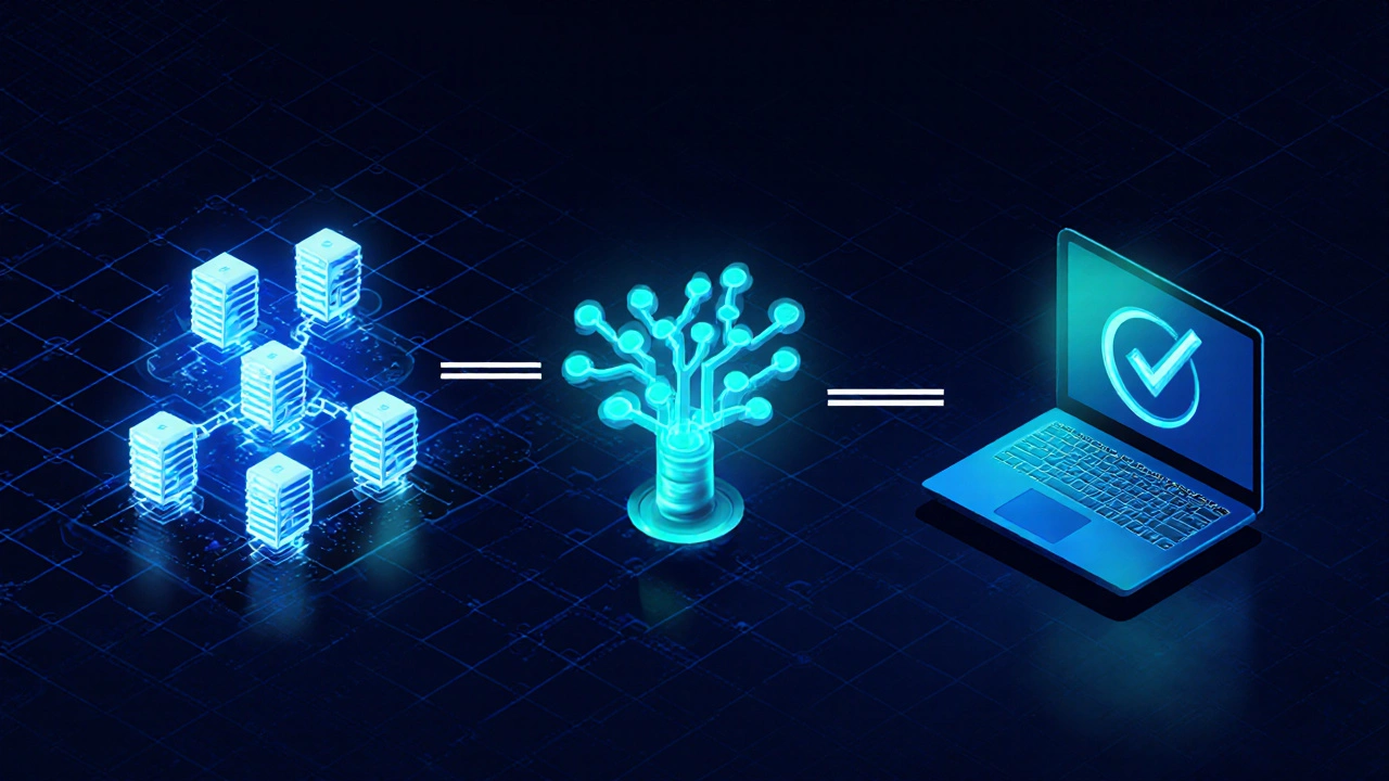 Illustration des Light‑Node‑Verifizierungsablaufs mit Block‑Headern, Merkle‑Baum und Laptop.