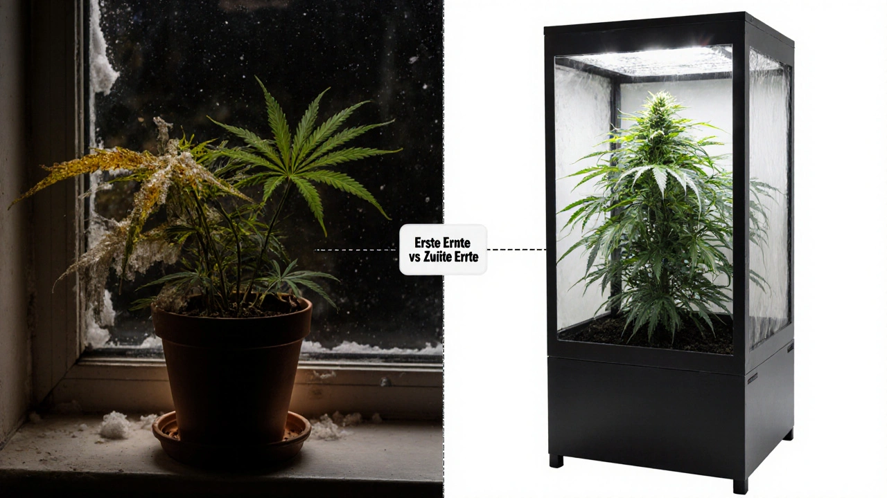 Kontrast: verfaulte Pflanze am Fenster vs. gesunde Pflanze in einer Growbox.
