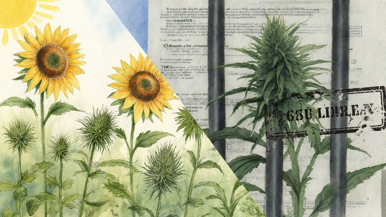 Linker Teil: legale Pflanzen wie Sonnenblumen; rechter Teil: verschwommene Hanfpflanze hinter Gittern.