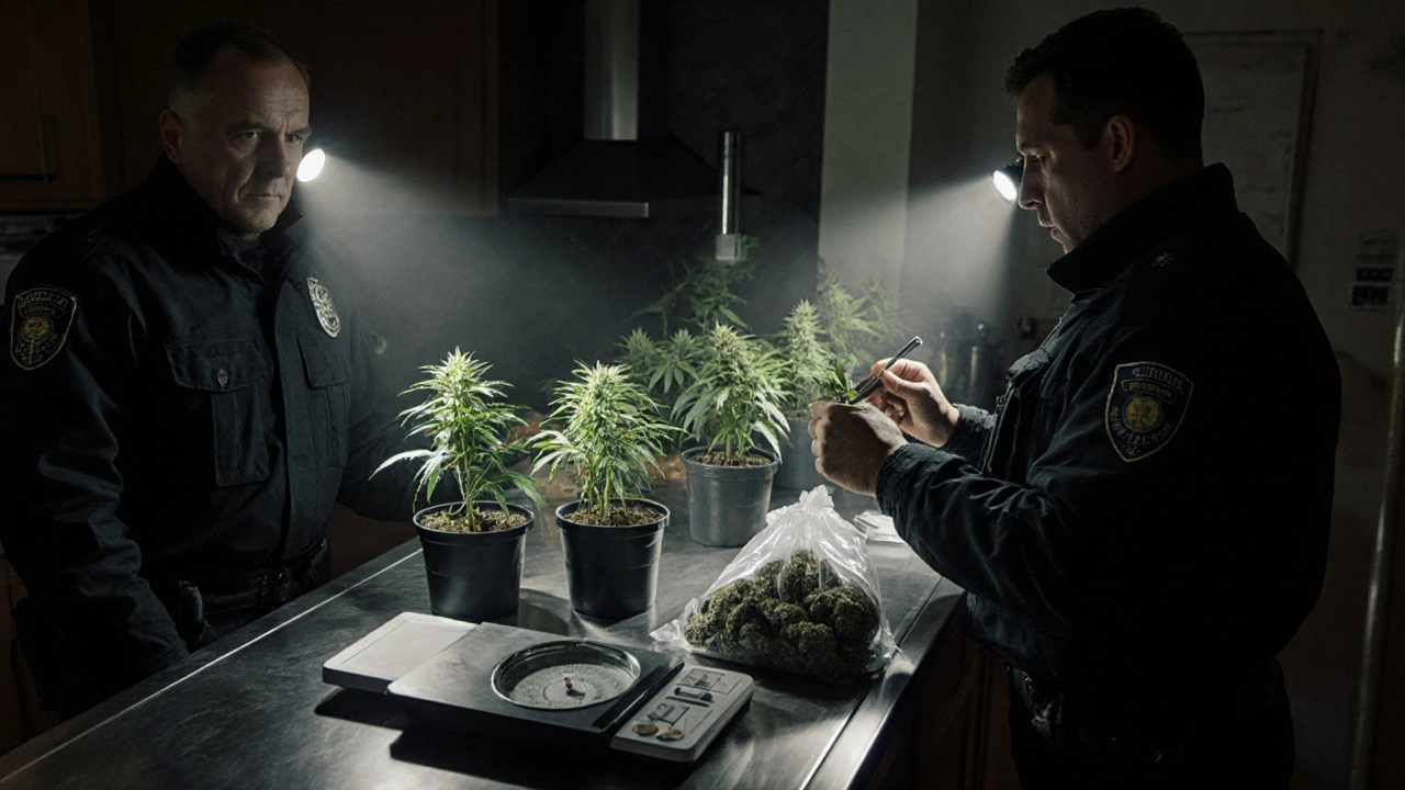 Polizei durchsucht Küche, zählt sieben Cannabispflanzen, sammelt Beweismaterial.
