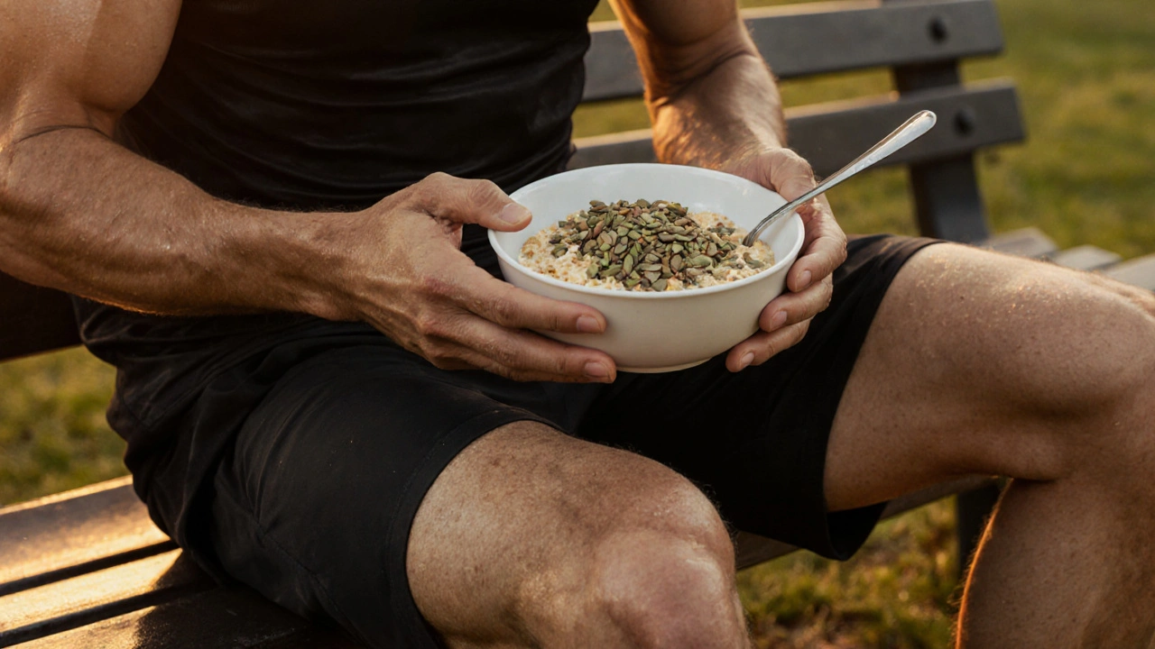 Sportler isst Haferbrei mit Hemp‑Samen, zeigt Muskelregeneration.