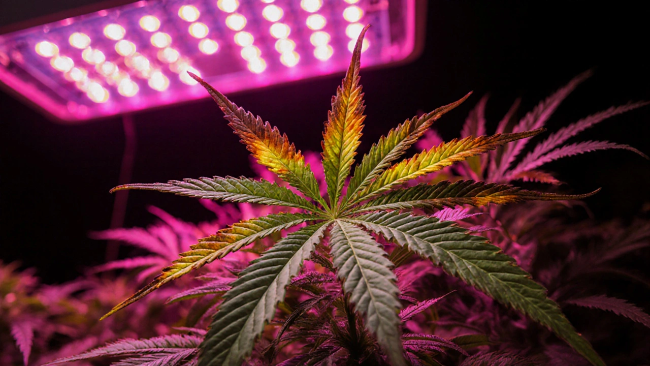 Verbrennter Blattspitze einer Cannabispflanze neben zu nahem LED‑Licht.