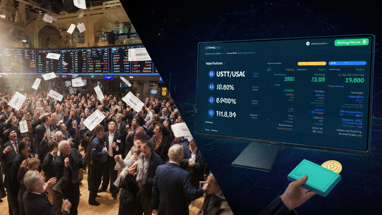 Vergleich: traditionelle Börse links, DeFi-Liquiditätspool rechts mit digitaler Benutzeroberfläche.