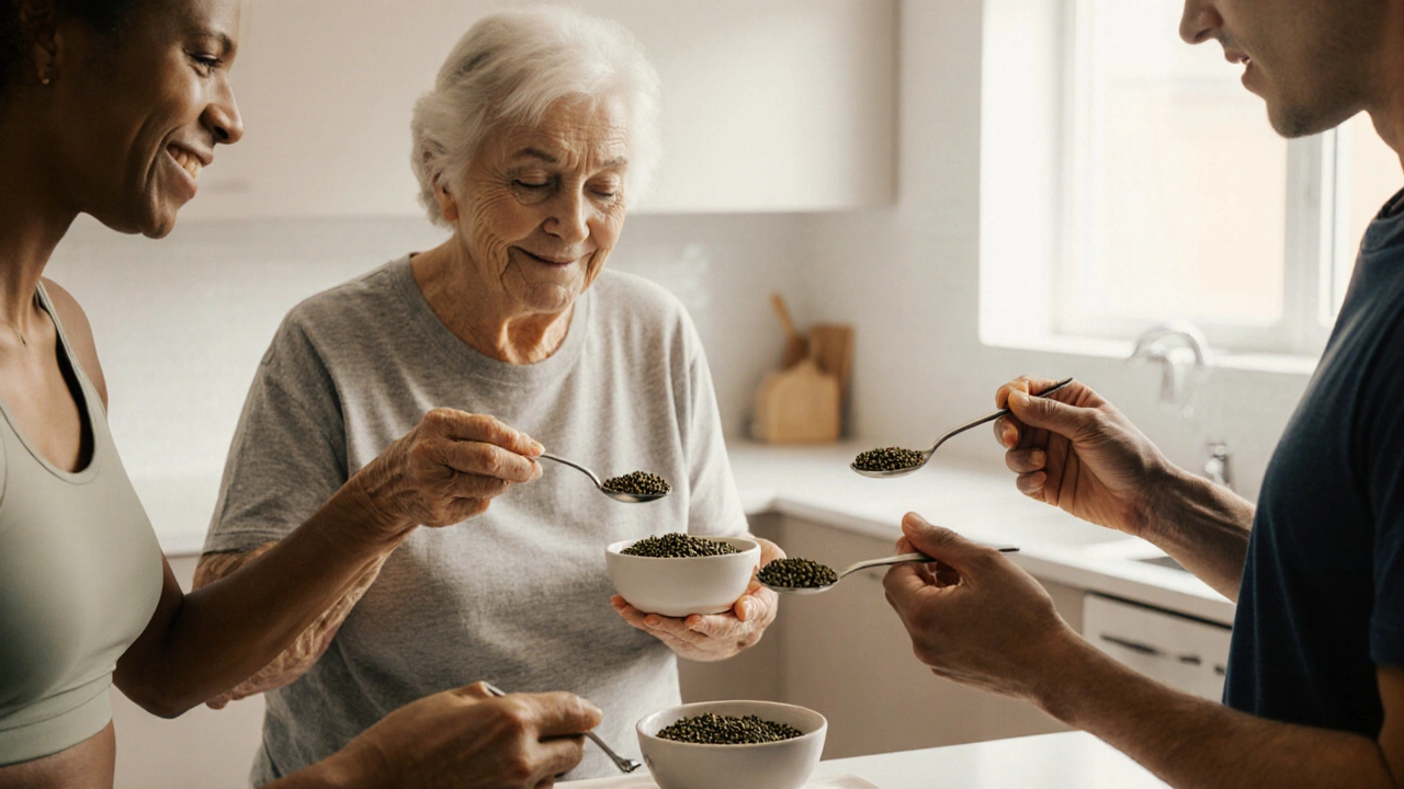 Vier Personen halten je einen Löffel Hanfsamen in einer hellen Küche.