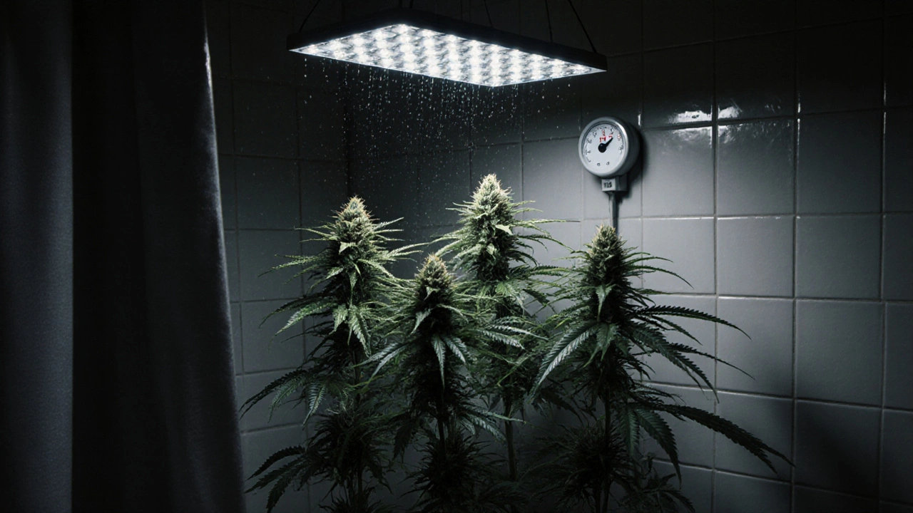 Cannabis-Pflanzen in einem umgewandelten Badezimmer mit Hygrometer und sanfter Luftzirkulation.