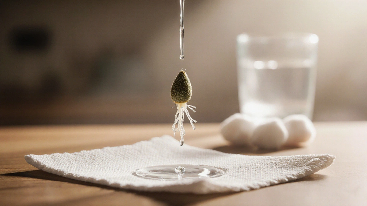 Cannabis-Samen mit Wurzel, die von Wasser auf ein feuchtes Papiertuch übergeht