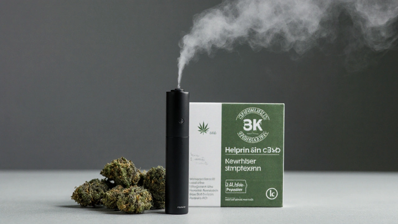 CBD-Dampfer mit feinem Nebel, umgeben von Hanfblüten und einem Laborzertifikat.