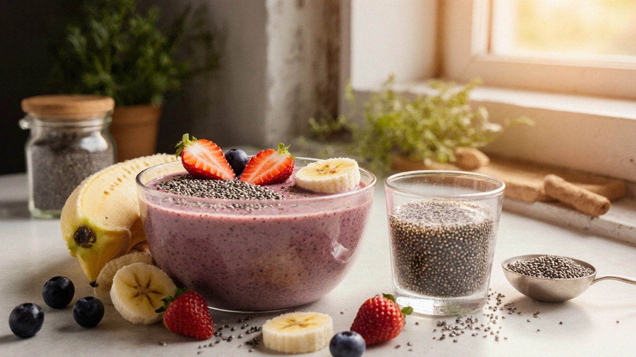 Chiasamen auf einer fruchtigen Smoothie-Schale mit frischem Obst.