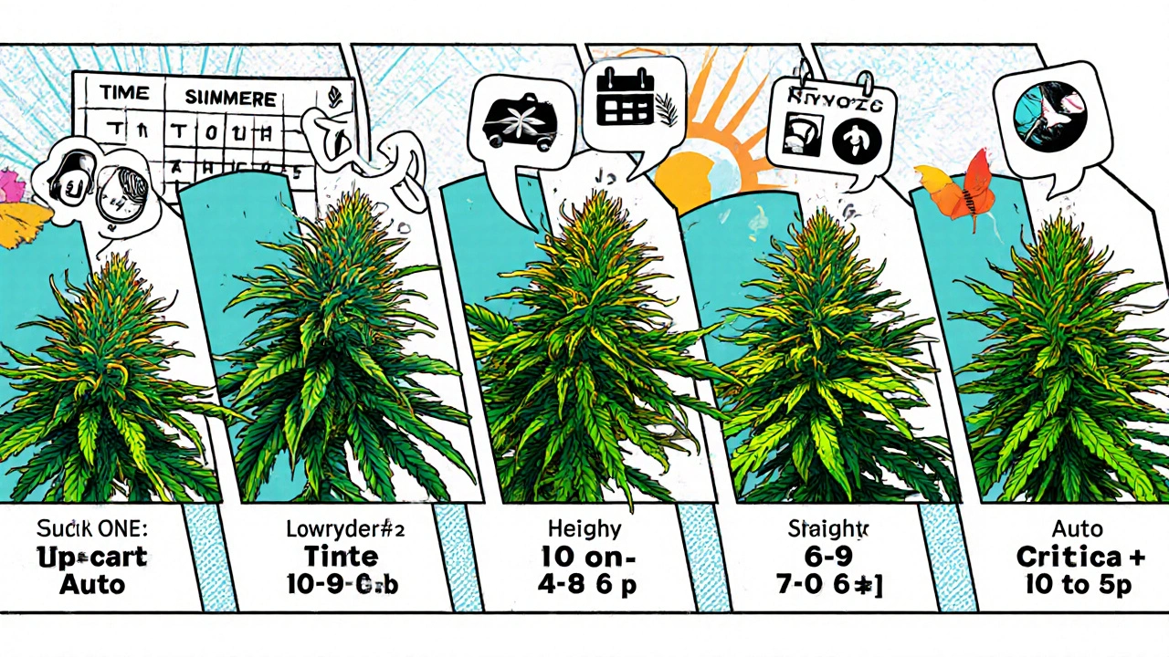 Comic-art-Darstellung der fünf schnellsten Cannabis-Sorten mit Wachstumszeiten und Größenangaben.