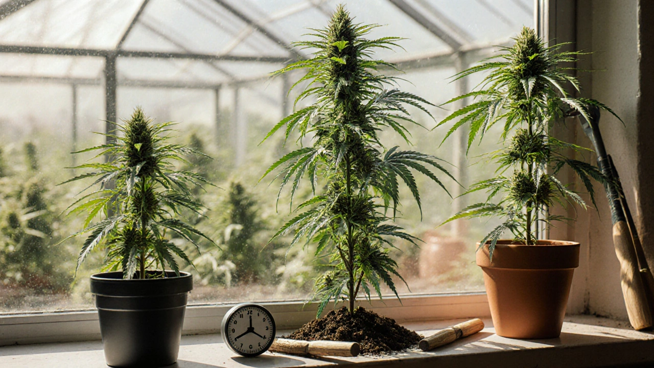 Drei verschiedene Hanfsorten – Indica, Sativa und Auto-flowering – wachsen nebeneinander in unterschiedlichen Umgebungen.