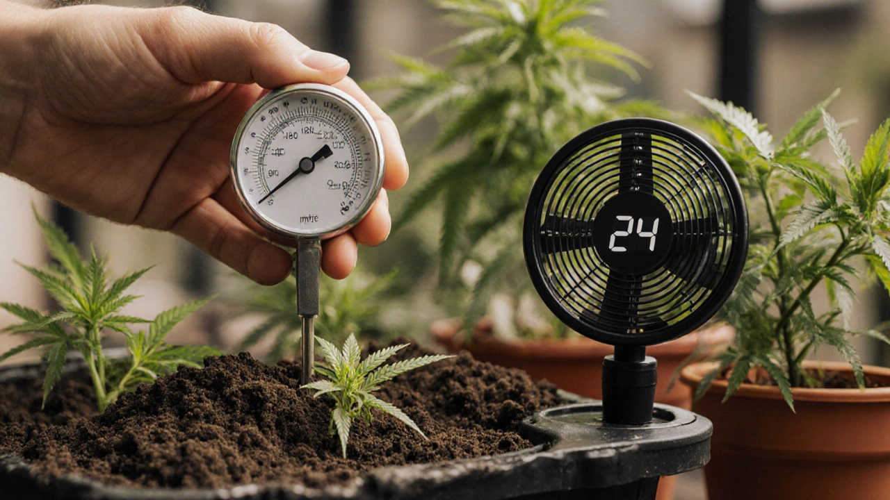 Ein Hanfpflänzchen wird von Luftzirkulation, richtiger Bodenfeuchtigkeit und optimaler Temperatur umgeben.