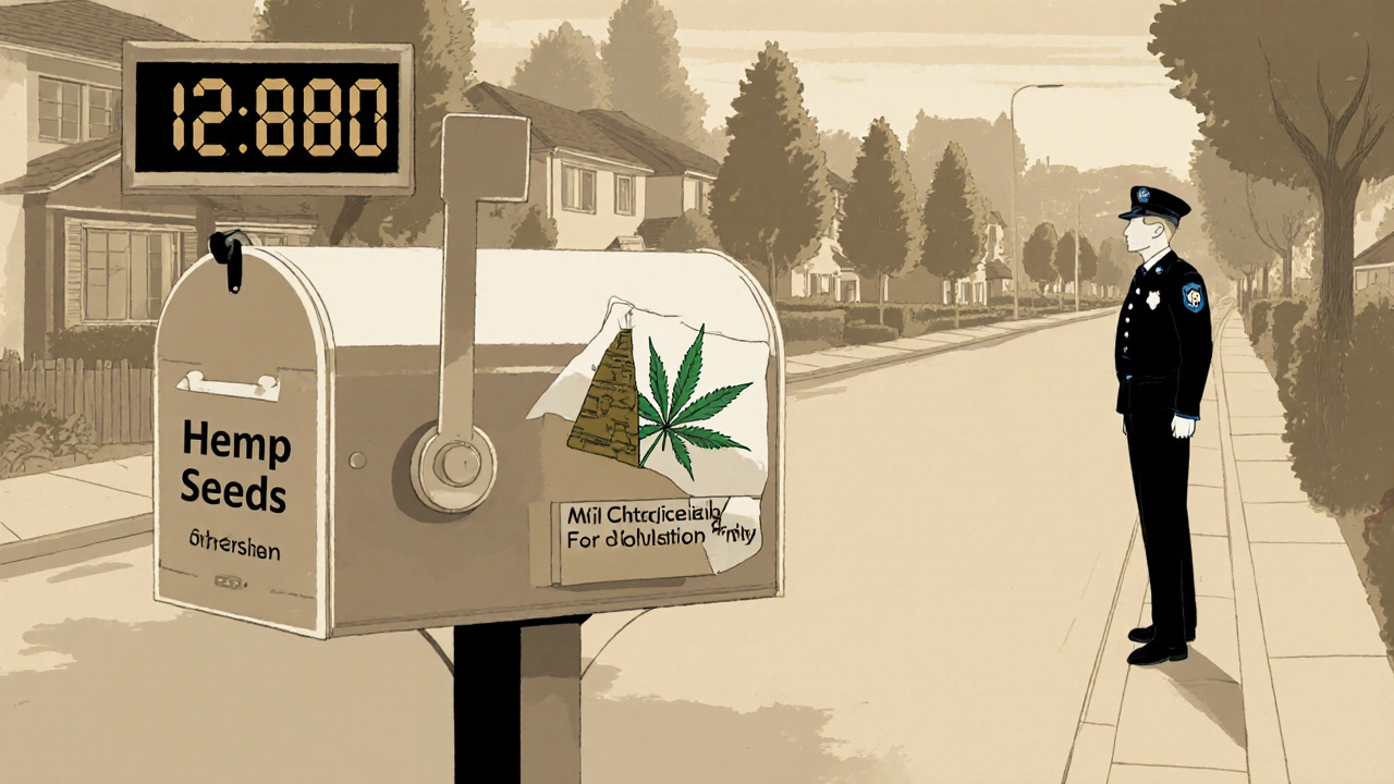 Ein Paket mit Hanfsamen wird zugestellt, während ein Polizist beobachtet.