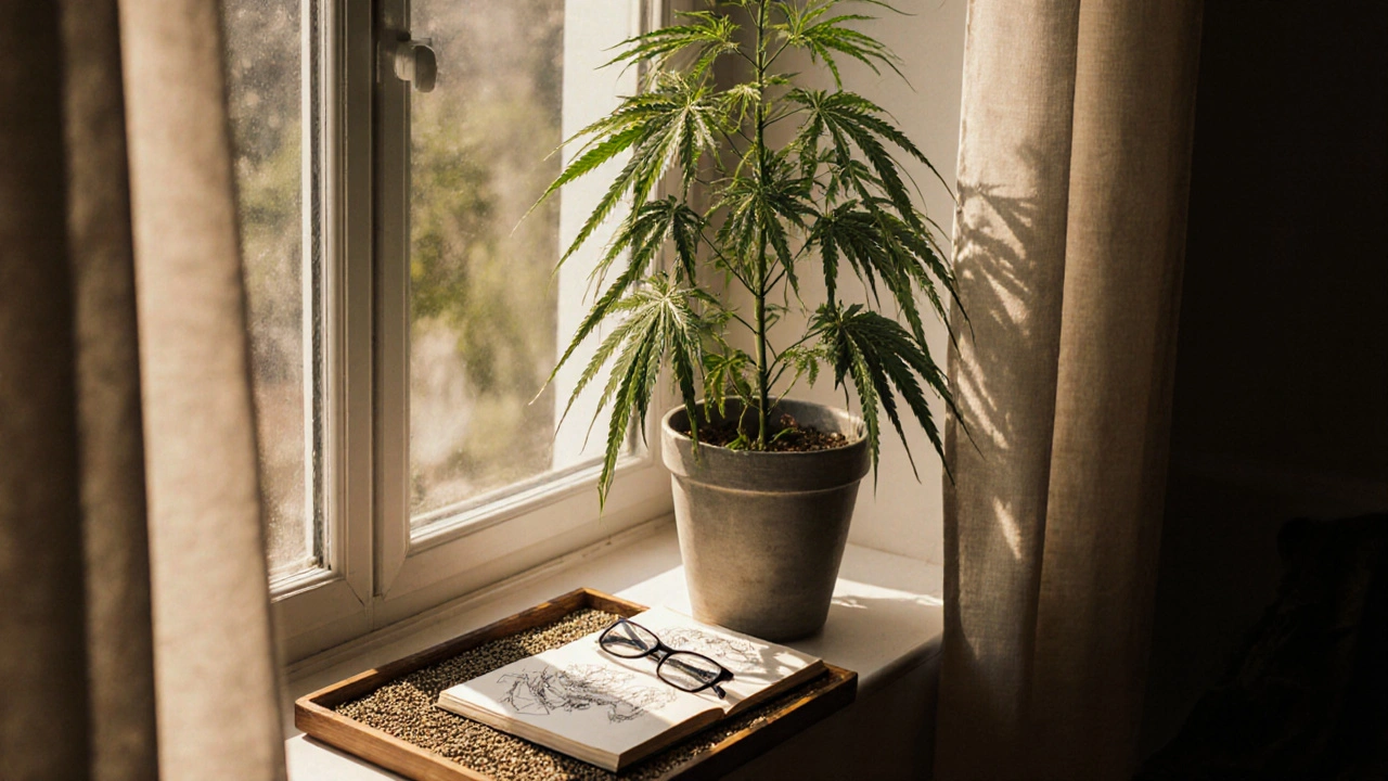 Eine erwachsene Hanfpflanze auf dem Fensterbrett mit rohen Samen und einem offenen Notizbuch.