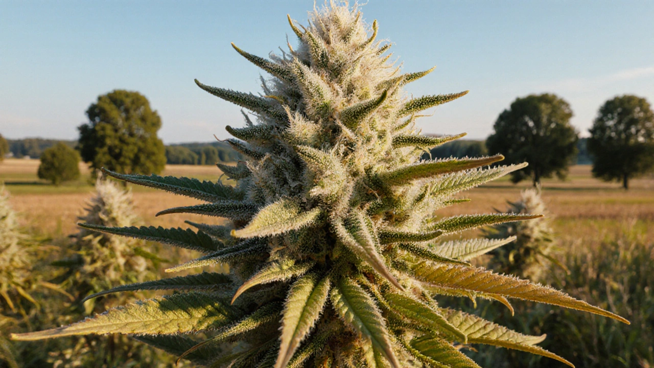 Eine Hanfpflanze mit blühenden Spitzen im späten August unter goldenem Licht.