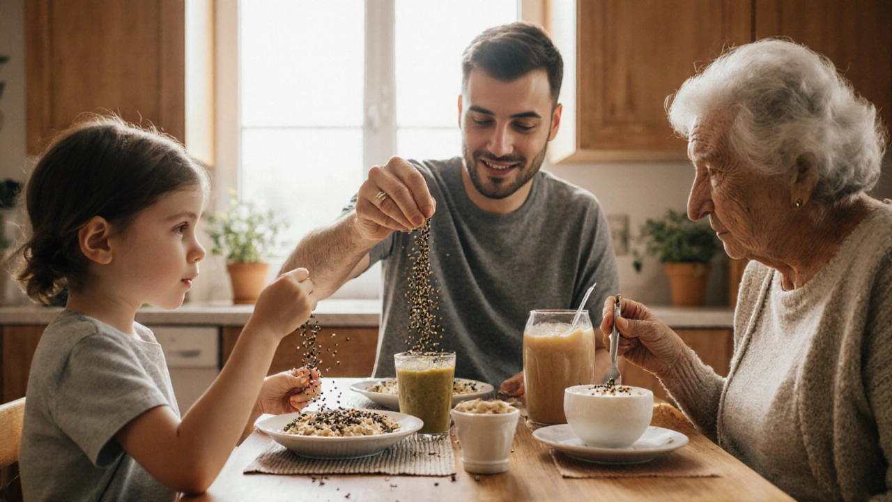 Familie beim Frühstück, Hanfsamen werden über Haferbrei gestreut, sonnige Küche