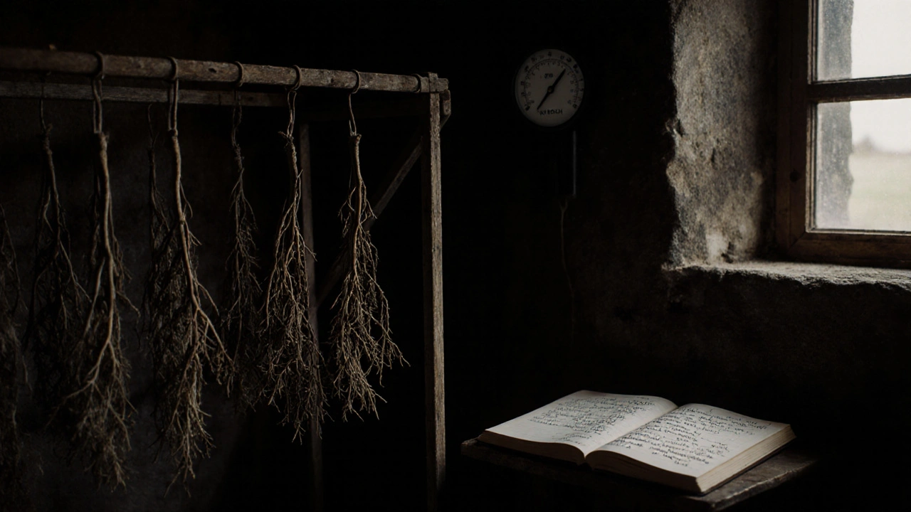 Geschnittene Hanfzweige hängen kopfüber in einem dunklen, trockenen Raum zum Trocknen.