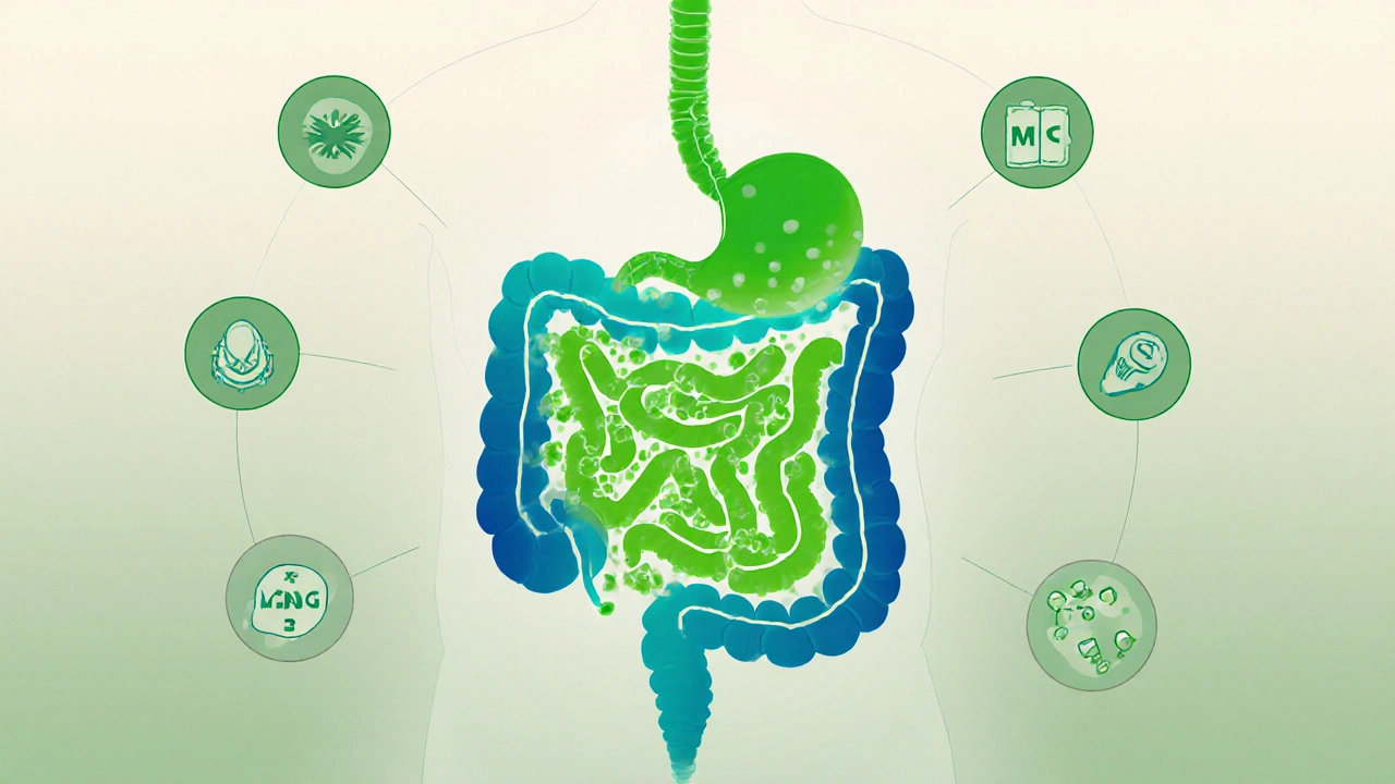 Gesunder Darm mit Ballaststoffen und Nährstoffen in sanften Farben