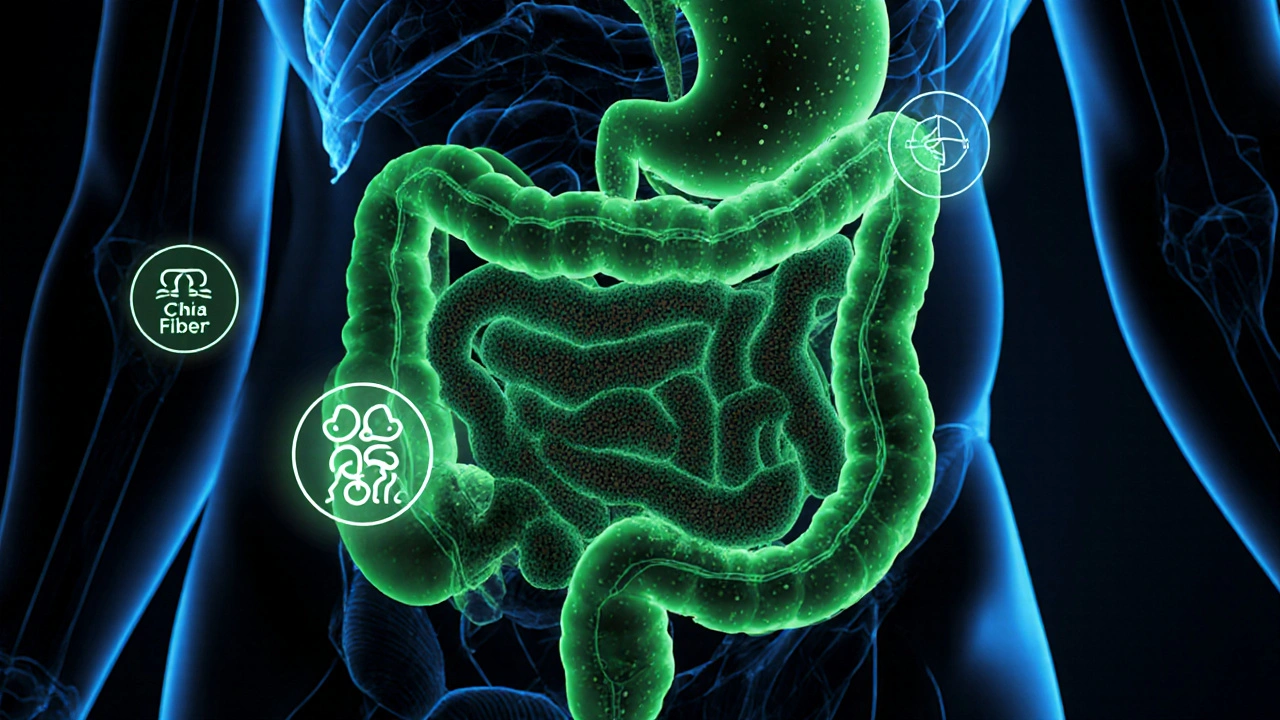 Gesunder Darm mit Chiasamen, die eine beruhigende Gel-Schicht bilden.