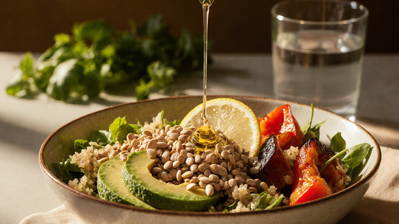 Gesundes Salatgericht mit geschälten Hanfsamen, Avocado und Zitronensaft
