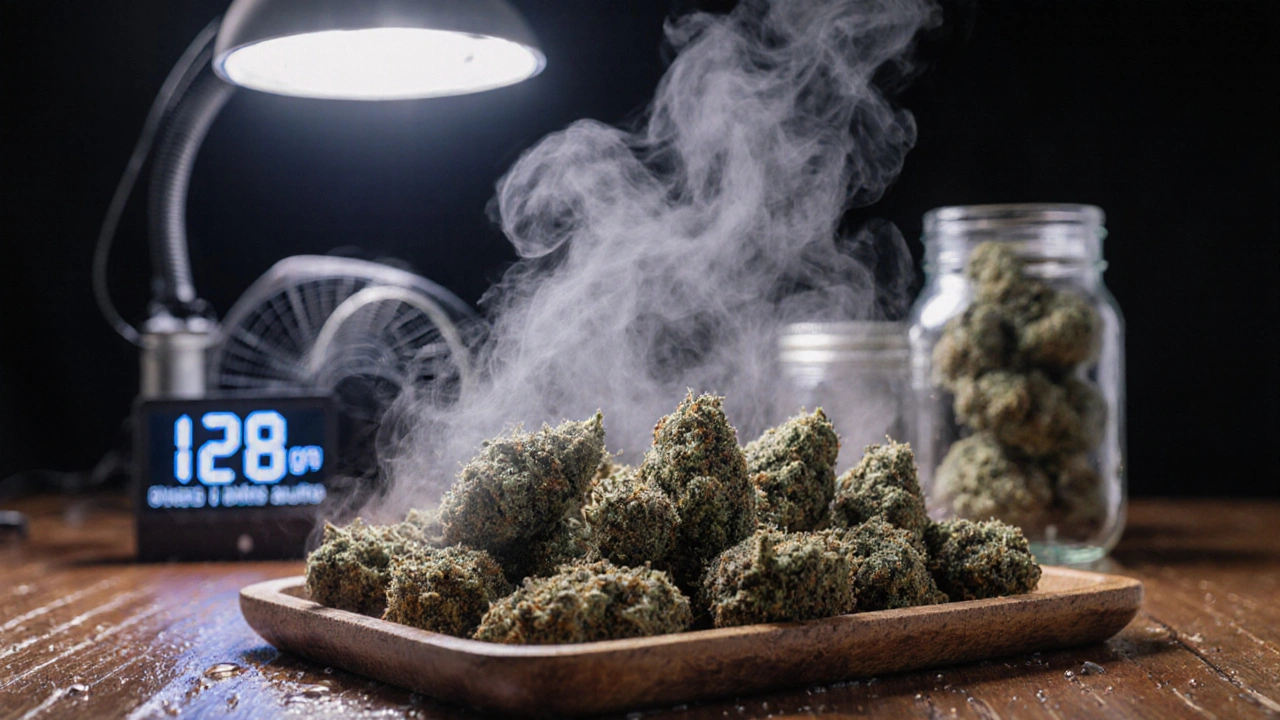 Getrocknete Hanfbuds auf Holztablett neben LED-Lampe und Glasbehältern für die Lagerung.