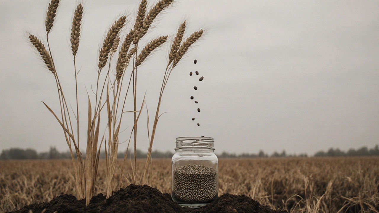 Getrocknete Hanfstängel nach der Ernte mit einem Glas voller Samen auf dem Boden.