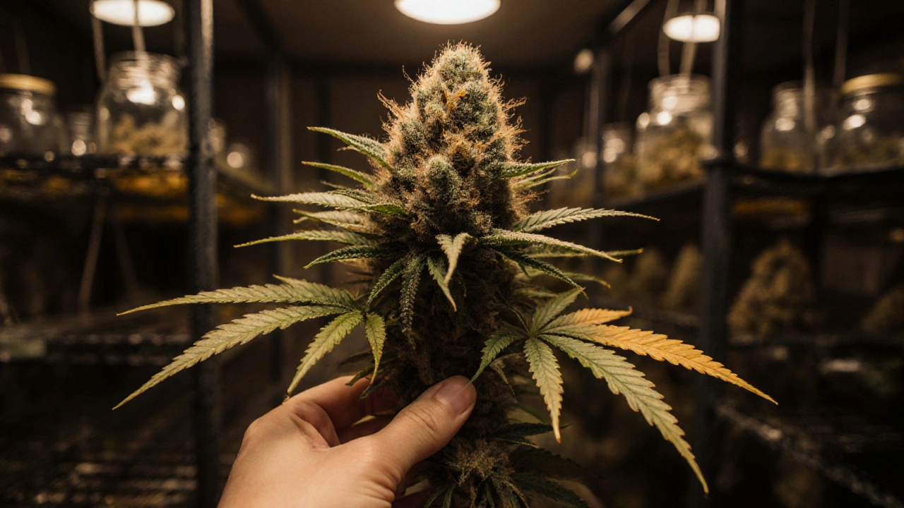 Hand hält eine klebrige, reife Cannabispflanze mit gelblichen Blättern, Hintergrund mit Trockenregalen.