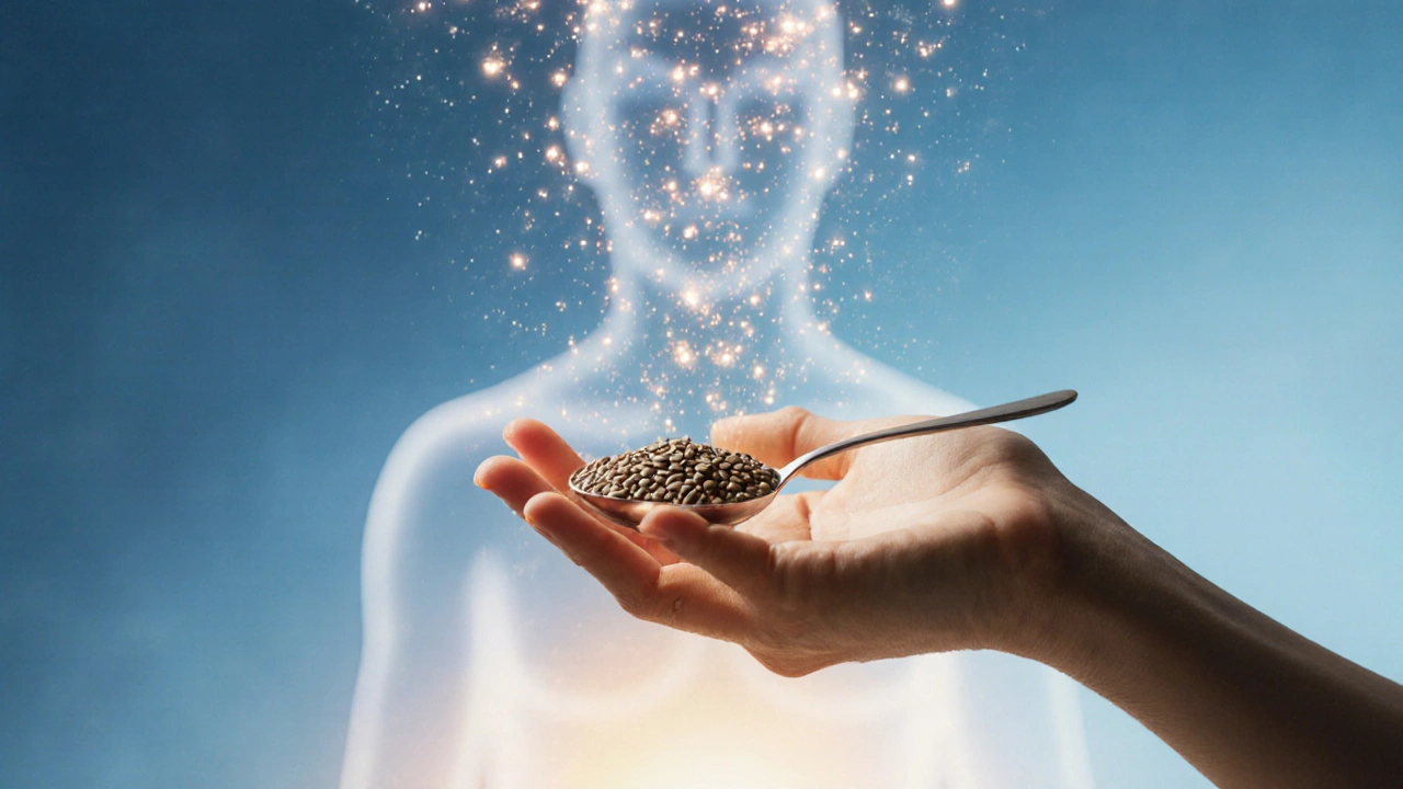 Hand mit Hanfsamen, die als leuchtende Nährstoffe in den Körper strömen