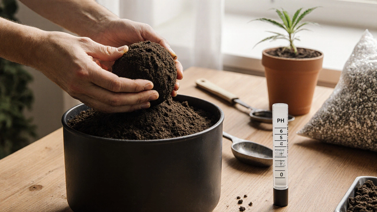 Hände drücken feuchten, luftigen Boden mit pH-Teststreifen in der Nähe