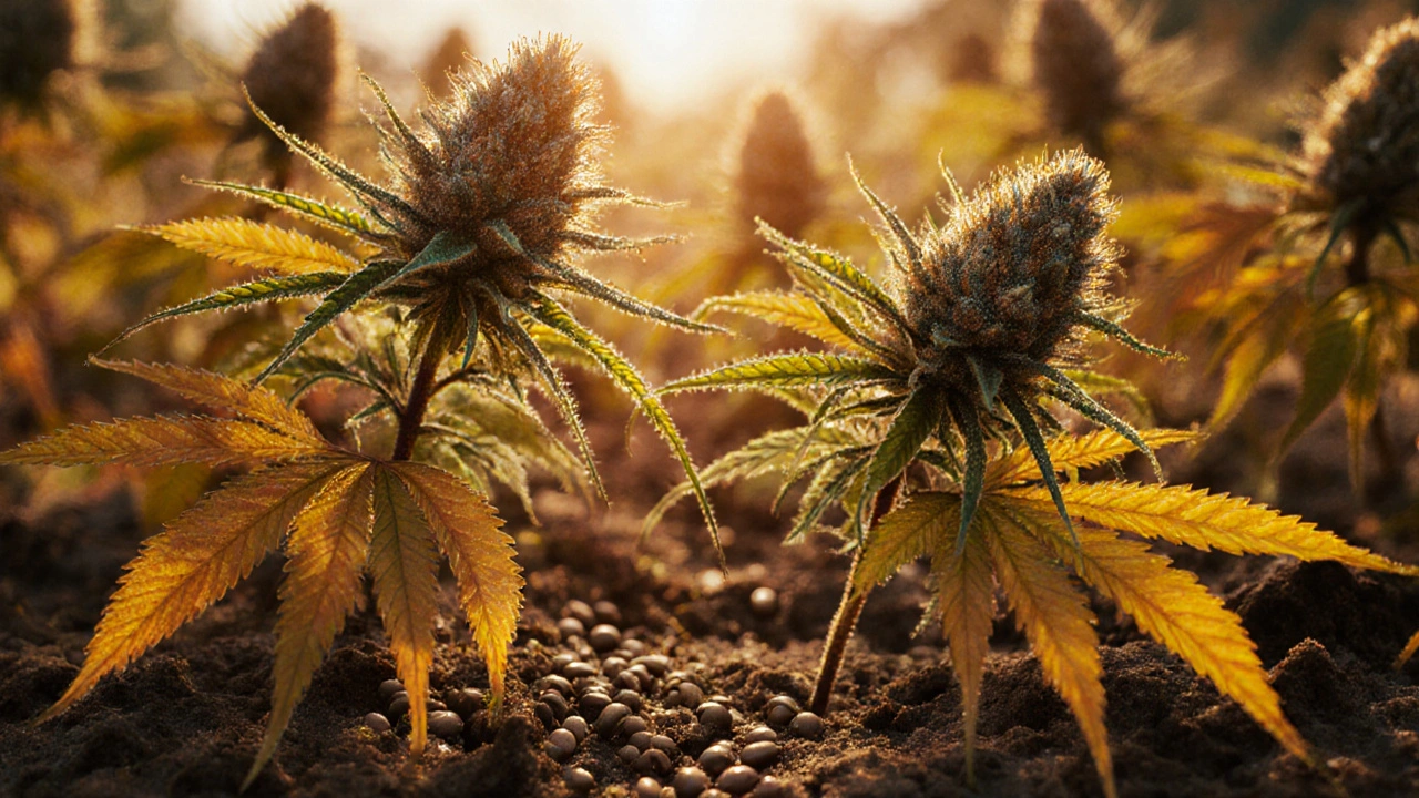 Hanf mit blühenden Spitzen im Spätsommer, Samen fallen auf den Boden.