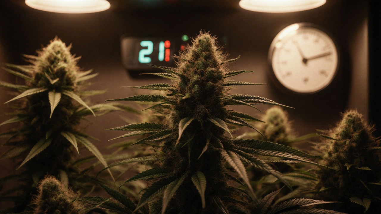 Hanfpflanze in einer kontrollierten Anbaukammer mit Temperatur- und Luftfeuchtigkeitsanzeige