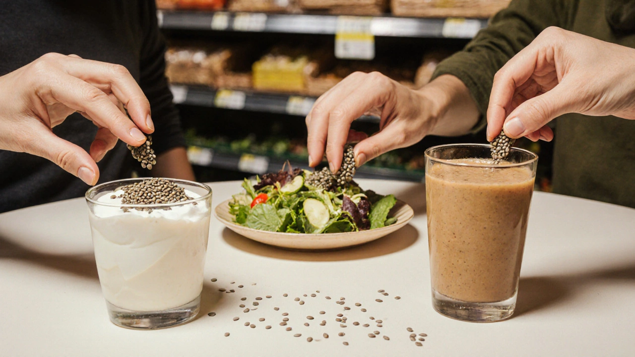 Hanfsamen in drei täglichen Mahlzeiten: Joghurt, Salat und Smoothie.
