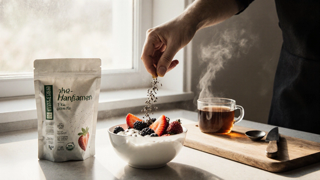 Hanfsamen werden über Joghurt mit Beeren gestreut in einer hellen Küche